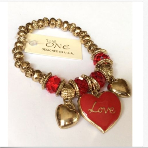 Gold Heart Charm Bracelet Red Enamel LOVE Chunky - Picture 5 of 8